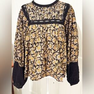 Cleobella Black and Yellow Floral Blouse 100% Cotton w/ Crochet Accent Sz L Boho